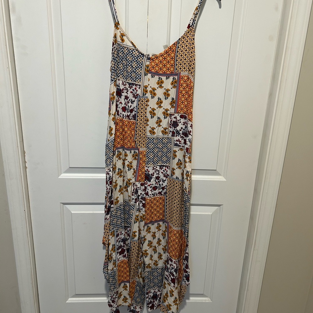 Cato Patchwork Print Spaghetti Strap Jumpsuit Romper in White, Orange, Blue